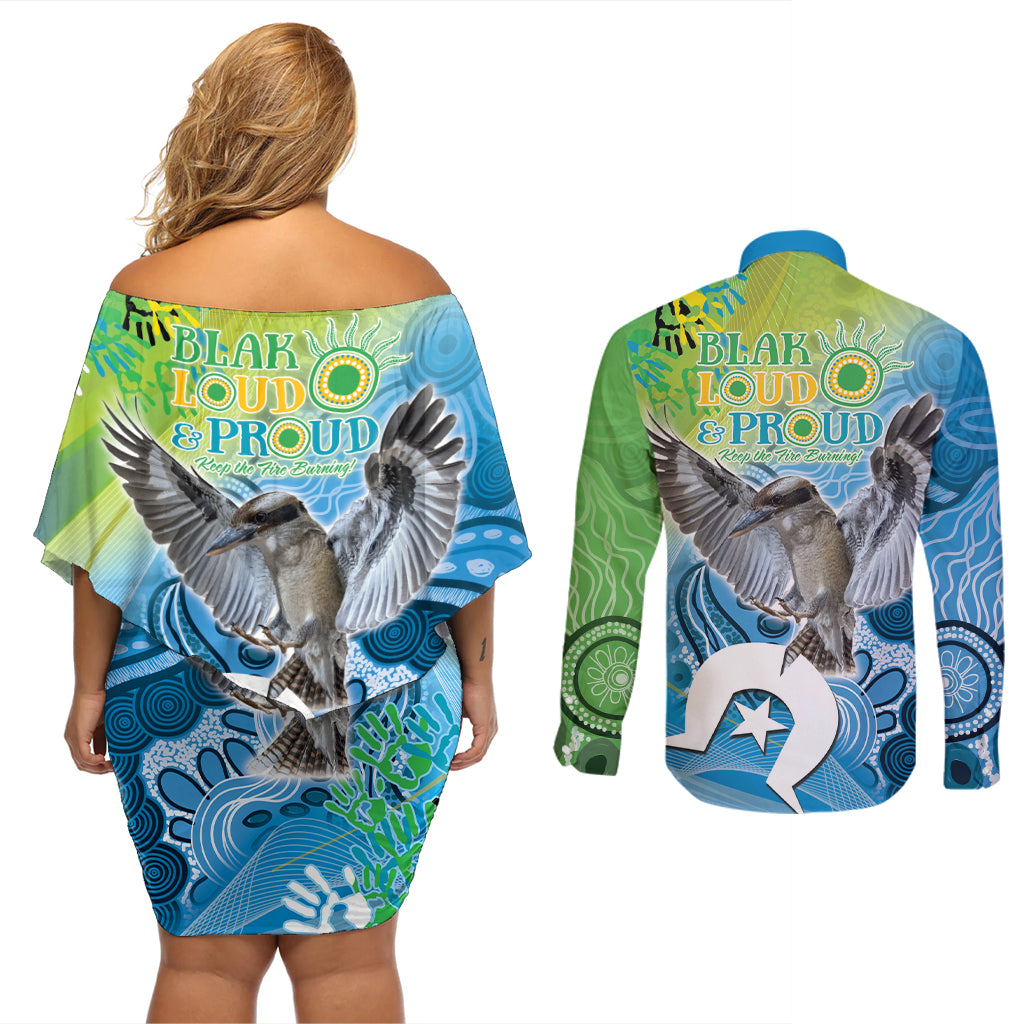 Vivid Kookaburra NAIDOC 2024 Couples Matching Off Shoulder Short Dress and Long Sleeve Button Shirt Aboriginal Art Style