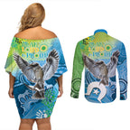 Vivid Kookaburra NAIDOC 2024 Couples Matching Off Shoulder Short Dress and Long Sleeve Button Shirt Aboriginal Art Style