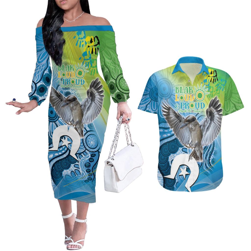 Vivid Kookaburra NAIDOC 2024 Couples Matching Off The Shoulder Long Sleeve Dress and Hawaiian Shirt Aboriginal Art Style