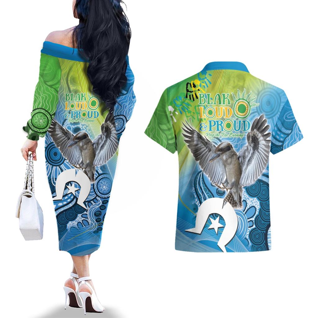 Vivid Kookaburra NAIDOC 2024 Couples Matching Off The Shoulder Long Sleeve Dress and Hawaiian Shirt Aboriginal Art Style