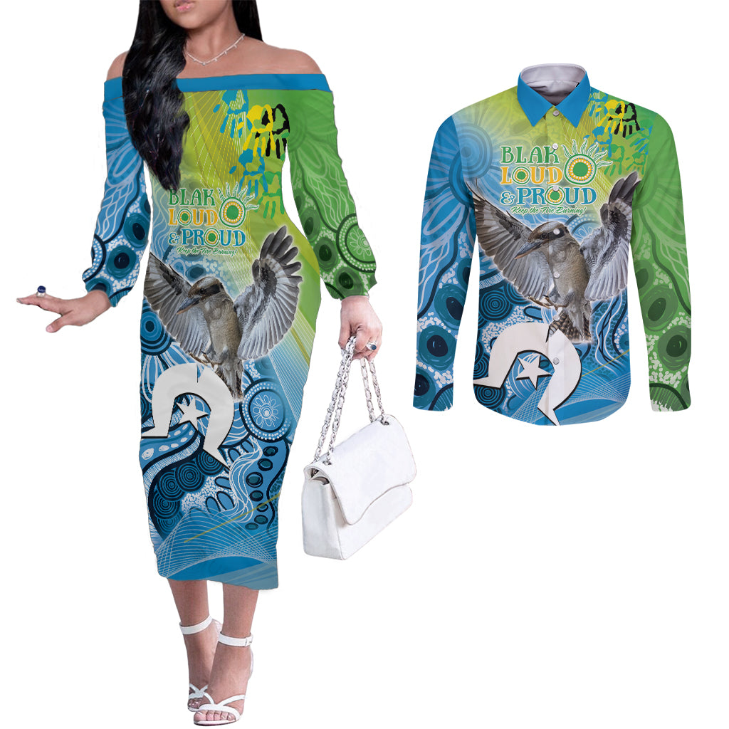 Vivid Kookaburra NAIDOC 2024 Couples Matching Off The Shoulder Long Sleeve Dress and Long Sleeve Button Shirt Aboriginal Art Style