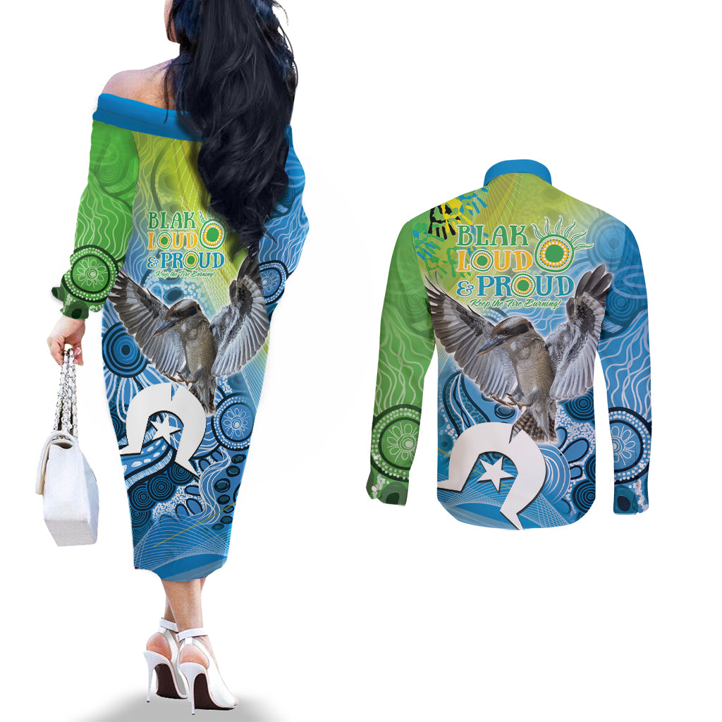 Vivid Kookaburra NAIDOC 2024 Couples Matching Off The Shoulder Long Sleeve Dress and Long Sleeve Button Shirt Aboriginal Art Style