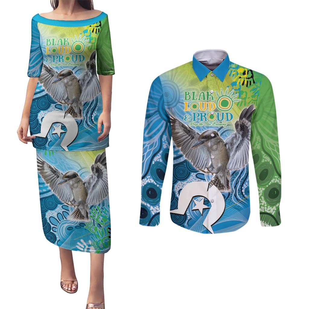 Vivid Kookaburra NAIDOC 2024 Couples Matching Puletasi and Long Sleeve Button Shirt Aboriginal Art Style