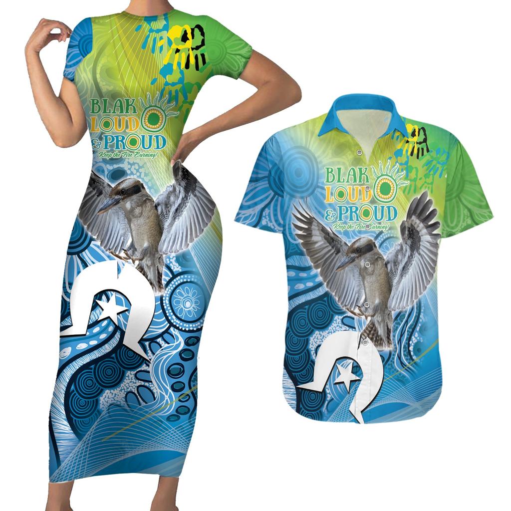 Vivid Kookaburra NAIDOC 2024 Couples Matching Short Sleeve Bodycon Dress and Hawaiian Shirt Aboriginal Art Style