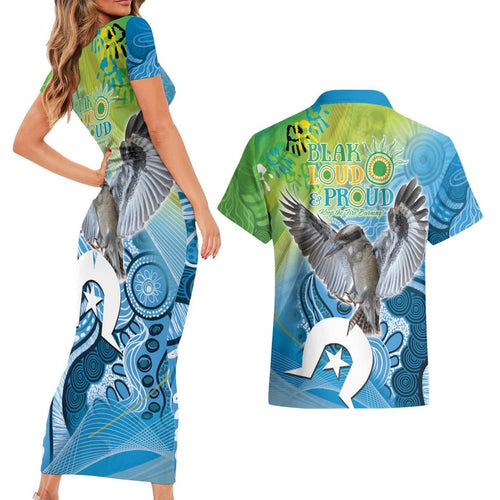 Vivid Kookaburra NAIDOC 2024 Couples Matching Short Sleeve Bodycon Dress and Hawaiian Shirt Aboriginal Art Style