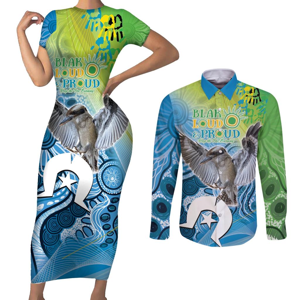 Vivid Kookaburra NAIDOC 2024 Couples Matching Short Sleeve Bodycon Dress and Long Sleeve Button Shirt Aboriginal Art Style
