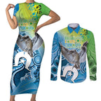 Vivid Kookaburra NAIDOC 2024 Couples Matching Short Sleeve Bodycon Dress and Long Sleeve Button Shirt Aboriginal Art Style