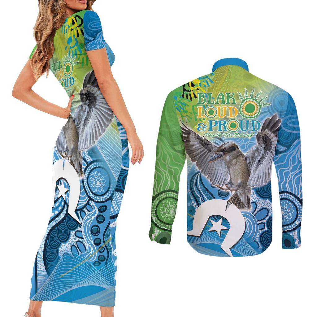 Vivid Kookaburra NAIDOC 2024 Couples Matching Short Sleeve Bodycon Dress and Long Sleeve Button Shirt Aboriginal Art Style