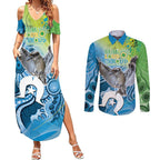 Vivid Kookaburra NAIDOC 2024 Couples Matching Summer Maxi Dress and Long Sleeve Button Shirt Aboriginal Art Style