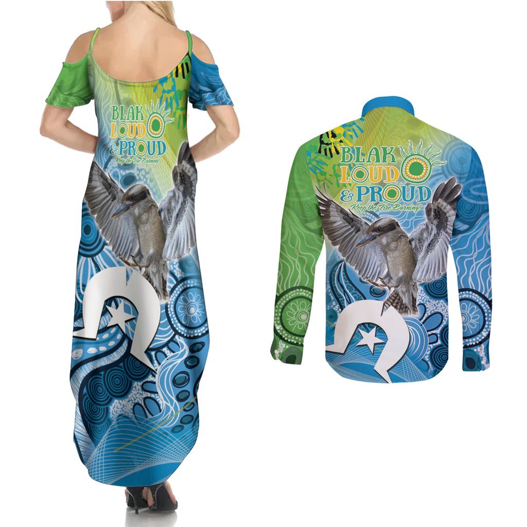 Vivid Kookaburra NAIDOC 2024 Couples Matching Summer Maxi Dress and Long Sleeve Button Shirt Aboriginal Art Style