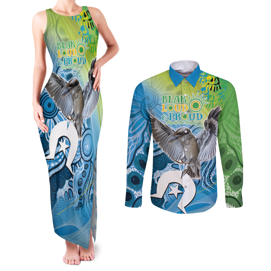 Vivid Kookaburra NAIDOC 2024 Couples Matching Tank Maxi Dress and Long Sleeve Button Shirt Aboriginal Art Style