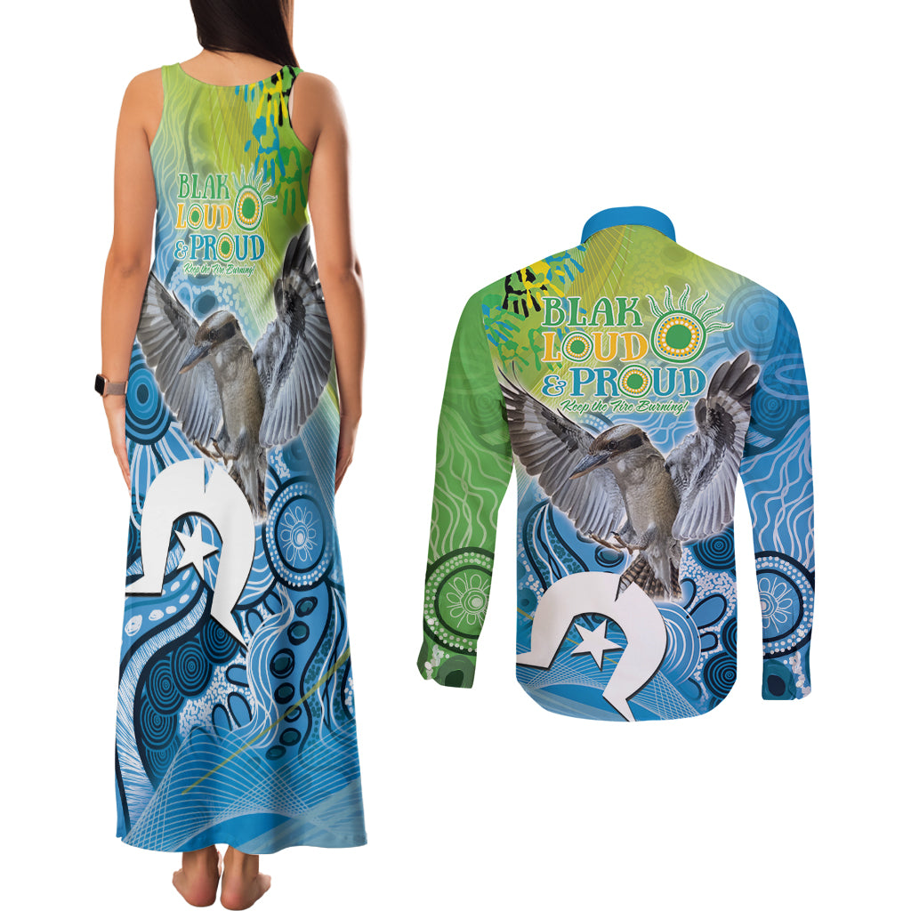 Vivid Kookaburra NAIDOC 2024 Couples Matching Tank Maxi Dress and Long Sleeve Button Shirt Aboriginal Art Style