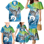 Vivid Kookaburra NAIDOC 2024 Family Matching Mermaid Dress and Hawaiian Shirt Aboriginal Art Style