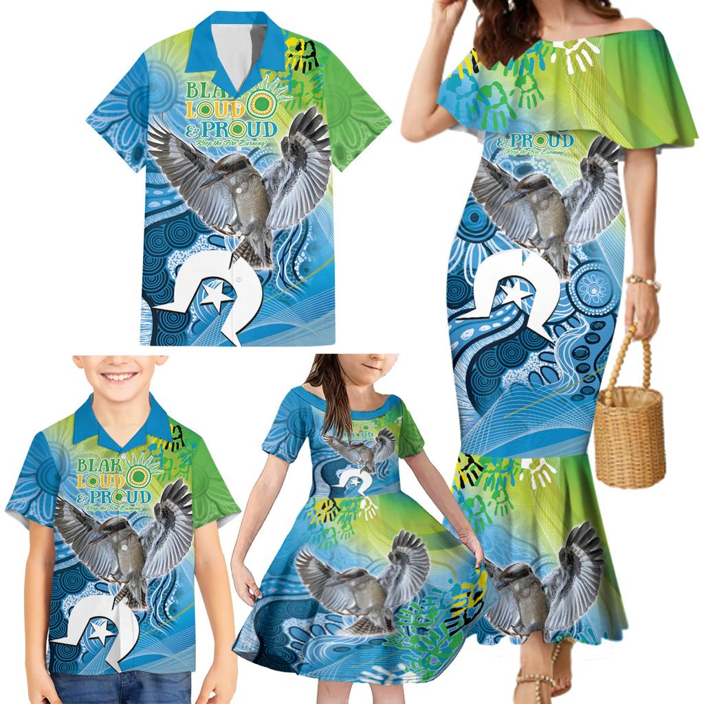 Vivid Kookaburra NAIDOC 2024 Family Matching Mermaid Dress and Hawaiian Shirt Aboriginal Art Style