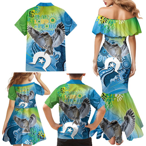 Vivid Kookaburra NAIDOC 2024 Family Matching Mermaid Dress and Hawaiian Shirt Aboriginal Art Style