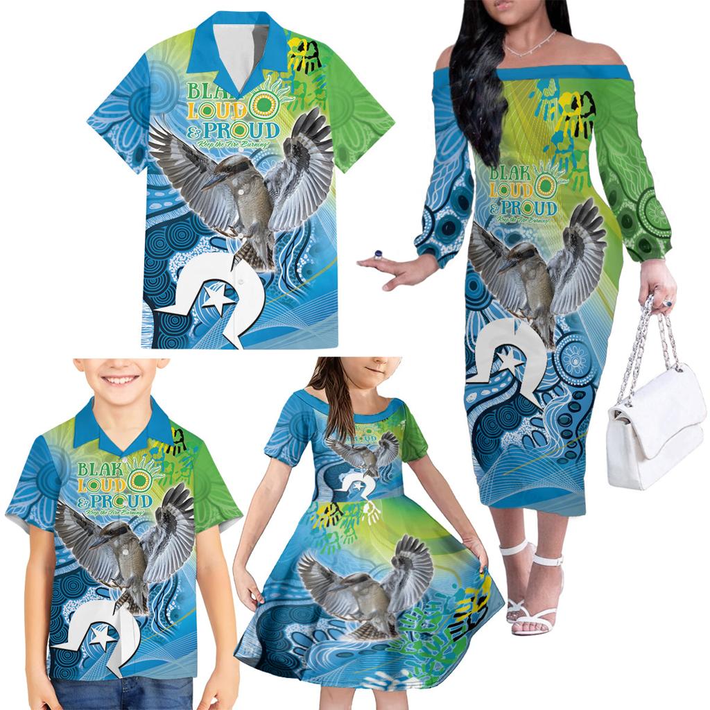 Vivid Kookaburra NAIDOC 2024 Family Matching Off The Shoulder Long Sleeve Dress and Hawaiian Shirt Aboriginal Art Style