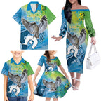 Vivid Kookaburra NAIDOC 2024 Family Matching Off The Shoulder Long Sleeve Dress and Hawaiian Shirt Aboriginal Art Style
