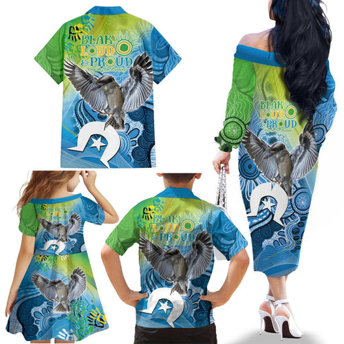 Vivid Kookaburra NAIDOC 2024 Family Matching Off The Shoulder Long Sleeve Dress and Hawaiian Shirt Aboriginal Art Style