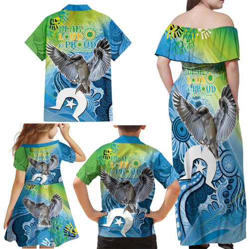 Vivid Kookaburra NAIDOC 2024 Family Matching Off Shoulder Maxi Dress and Hawaiian Shirt Aboriginal Art Style