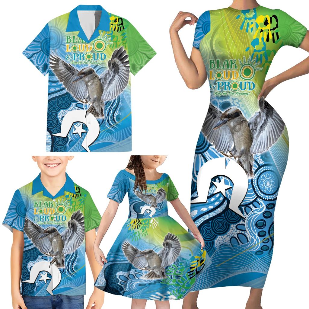 Vivid Kookaburra NAIDOC 2024 Family Matching Short Sleeve Bodycon Dress and Hawaiian Shirt Aboriginal Art Style