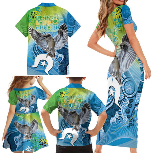 Vivid Kookaburra NAIDOC 2024 Family Matching Short Sleeve Bodycon Dress and Hawaiian Shirt Aboriginal Art Style