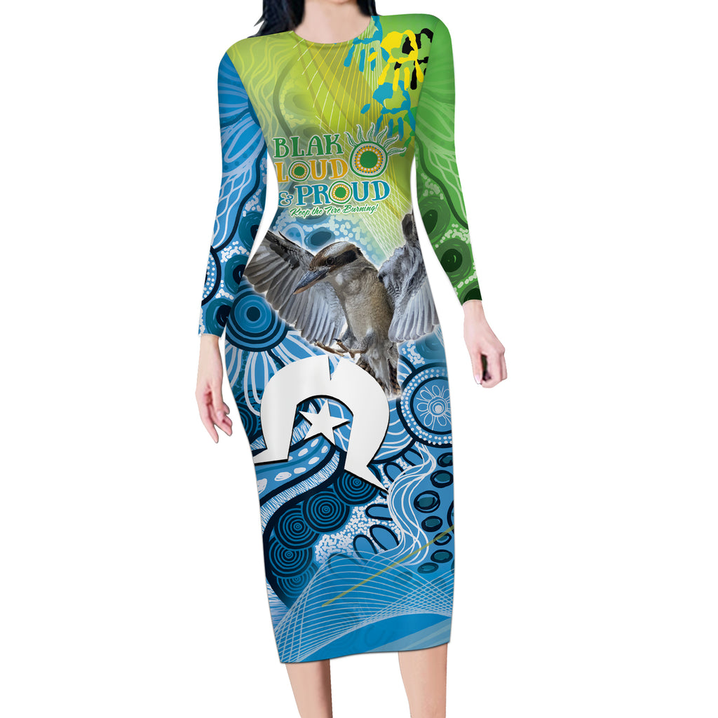 Vivid Kookaburra NAIDOC 2024 Long Sleeve Bodycon Dress Aboriginal Art Style