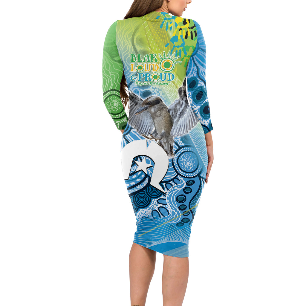 Vivid Kookaburra NAIDOC 2024 Long Sleeve Bodycon Dress Aboriginal Art Style