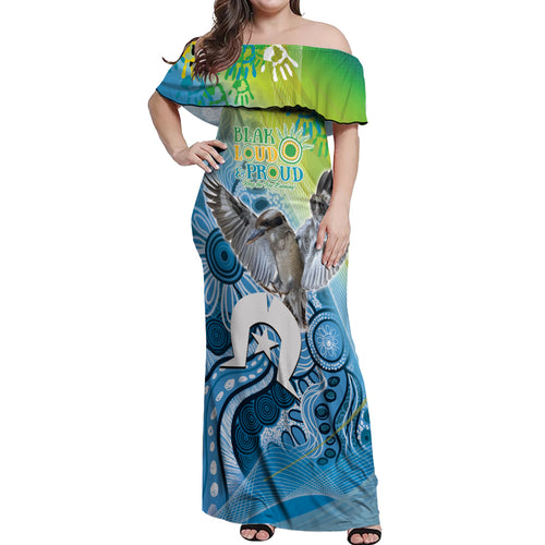 Vivid Kookaburra NAIDOC 2024 Off Shoulder Maxi Dress Aboriginal Art Style