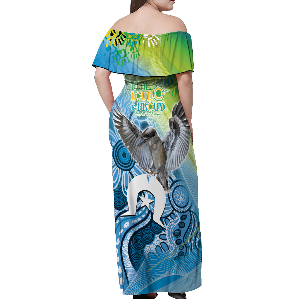 Vivid Kookaburra NAIDOC 2024 Off Shoulder Maxi Dress Aboriginal Art Style