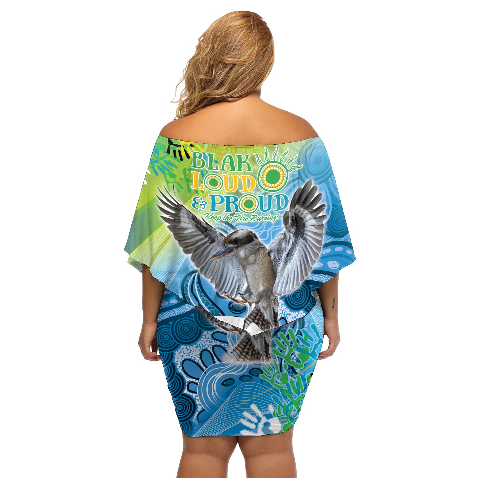 Vivid Kookaburra NAIDOC 2024 Off Shoulder Short Dress Aboriginal Art Style