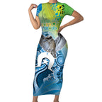 Vivid Kookaburra NAIDOC 2024 Short Sleeve Bodycon Dress Aboriginal Art Style