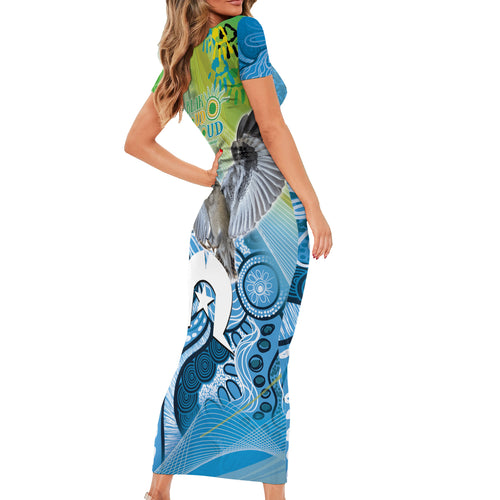 Vivid Kookaburra NAIDOC 2024 Short Sleeve Bodycon Dress Aboriginal Art Style