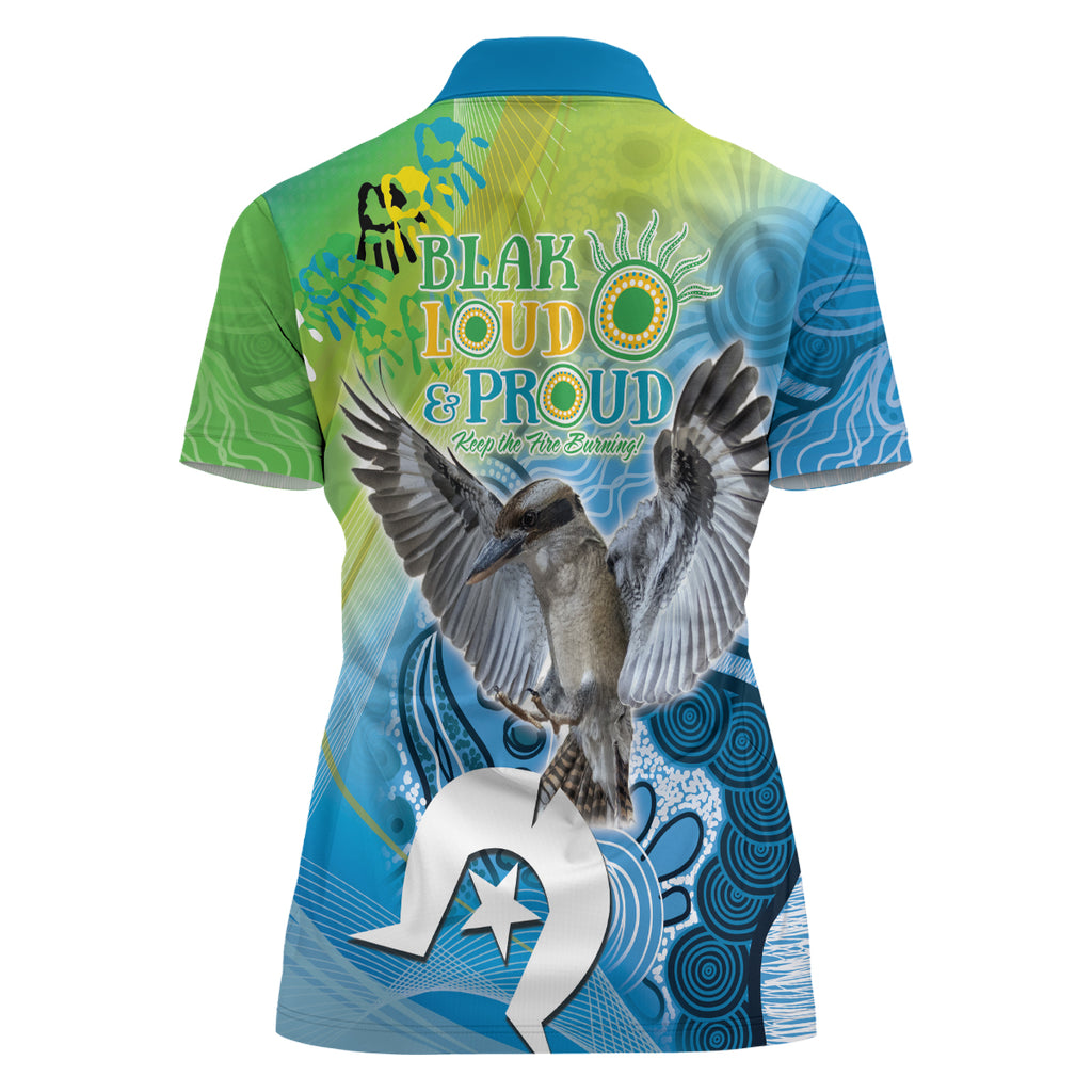 Vivid Kookaburra NAIDOC 2024 Women Polo Shirt Aboriginal Art Style