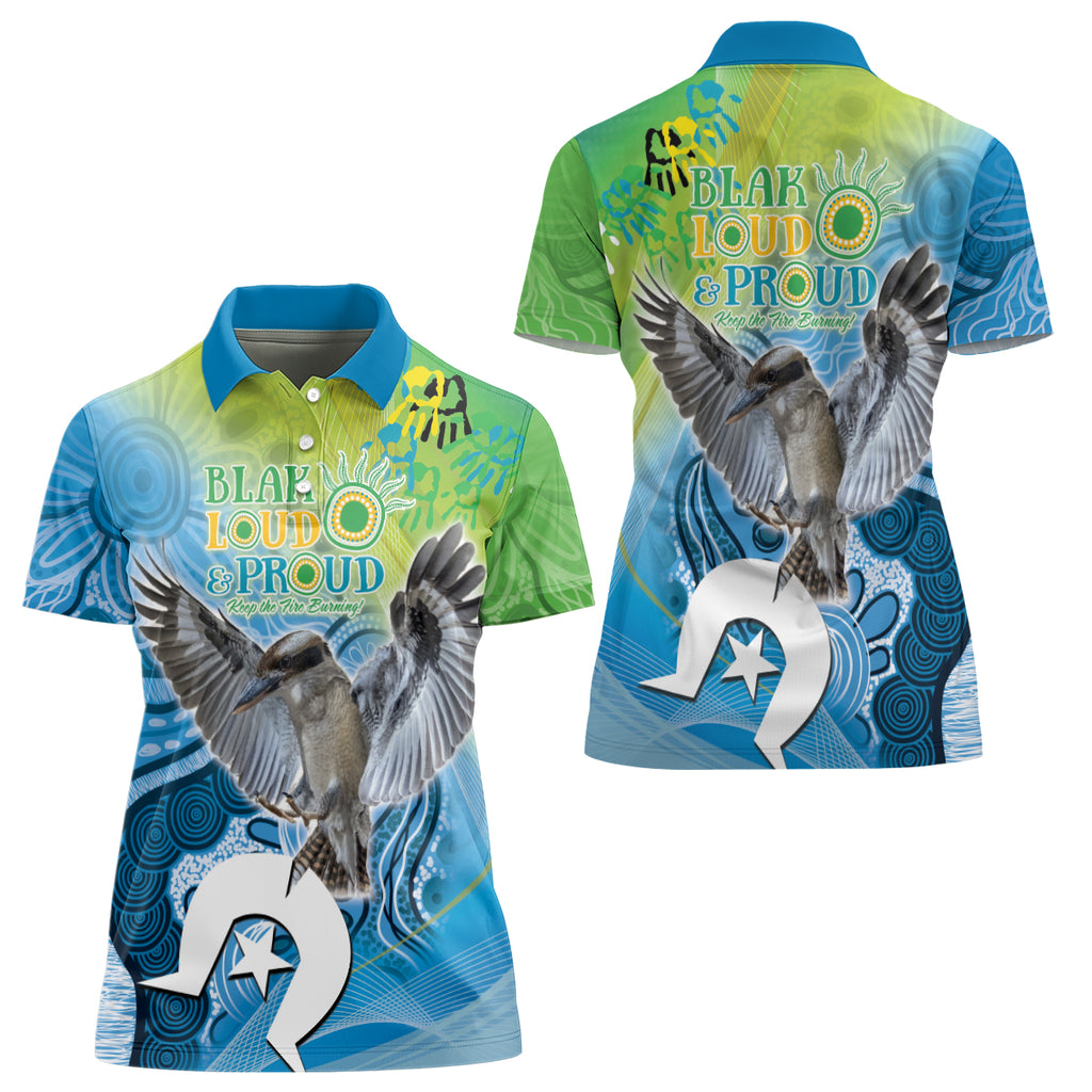Vivid Kookaburra NAIDOC 2024 Women Polo Shirt Aboriginal Art Style