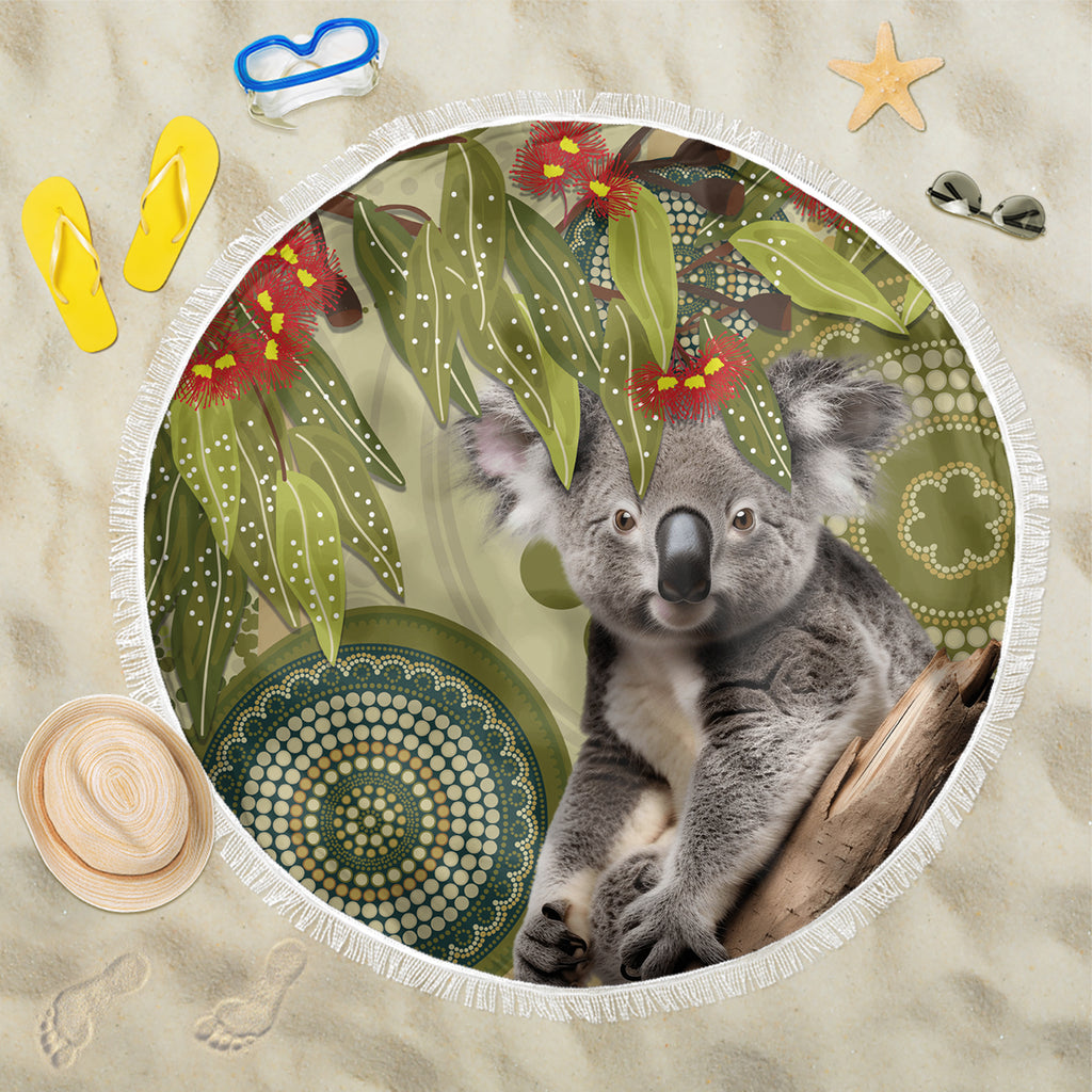 Aboriginal Koala Art Painting With Gum Blossom Beach Blanket