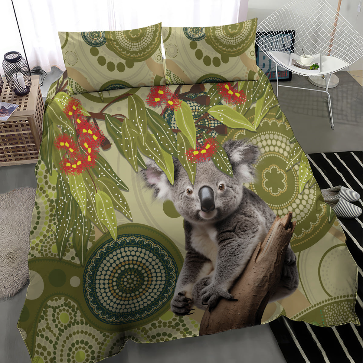 Aboriginal Koala Art Painting With Gum Blossom Bedding Set