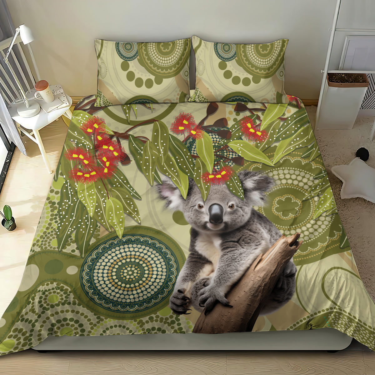 Aboriginal Koala Art Painting With Gum Blossom Bedding Set