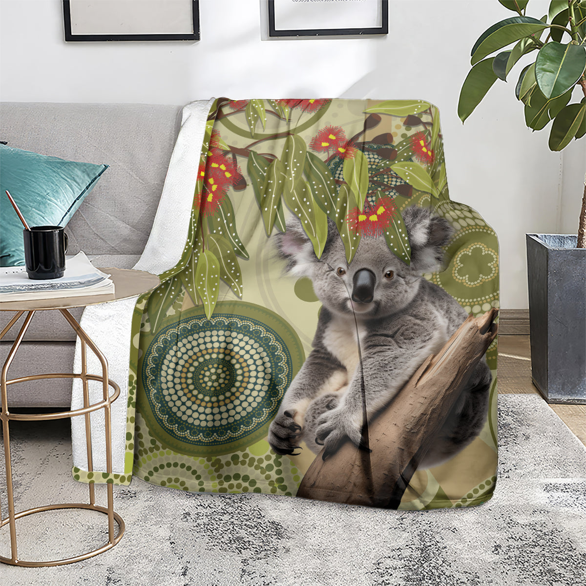 Aboriginal Koala Art Painting With Gum Blossom Blanket