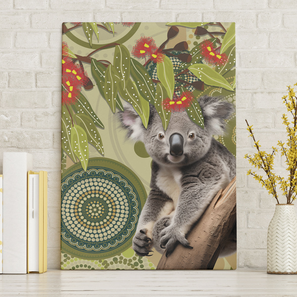 Aboriginal Koala Art Painting With Gum Blossom Canvas Wall Art