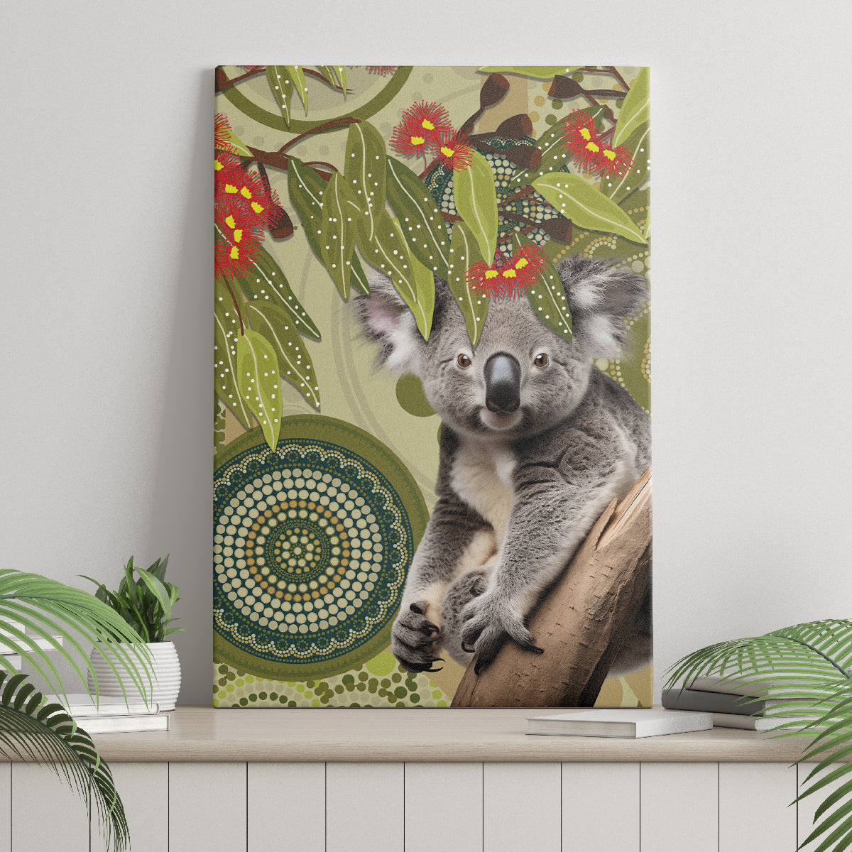 Aboriginal Koala Art Painting With Gum Blossom Canvas Wall Art