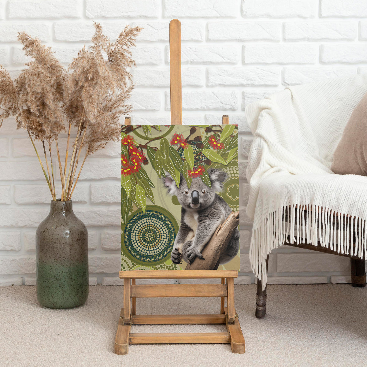 Aboriginal Koala Art Painting With Gum Blossom Canvas Wall Art