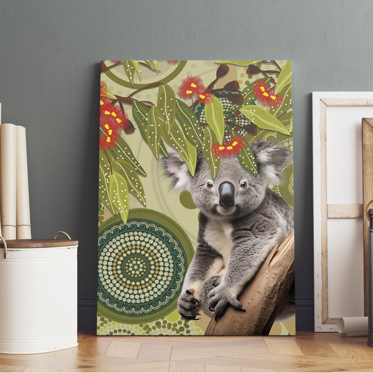 Aboriginal Koala Art Painting With Gum Blossom Canvas Wall Art
