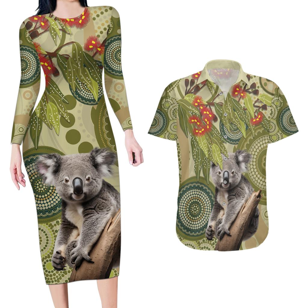 Aboriginal Koala Art Painting With Gum Blossom Couples Matching Long Sleeve Bodycon Dress and Hawaiian Shirt