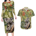 Aboriginal Koala Art Painting With Gum Blossom Couples Matching Long Sleeve Bodycon Dress and Hawaiian Shirt