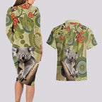 Aboriginal Koala Art Painting With Gum Blossom Couples Matching Long Sleeve Bodycon Dress and Hawaiian Shirt