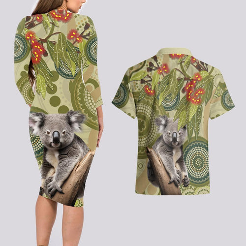 Aboriginal Koala Art Painting With Gum Blossom Couples Matching Long Sleeve Bodycon Dress and Hawaiian Shirt