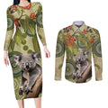 Aboriginal Koala Art Painting With Gum Blossom Couples Matching Long Sleeve Bodycon Dress and Long Sleeve Button Shirt