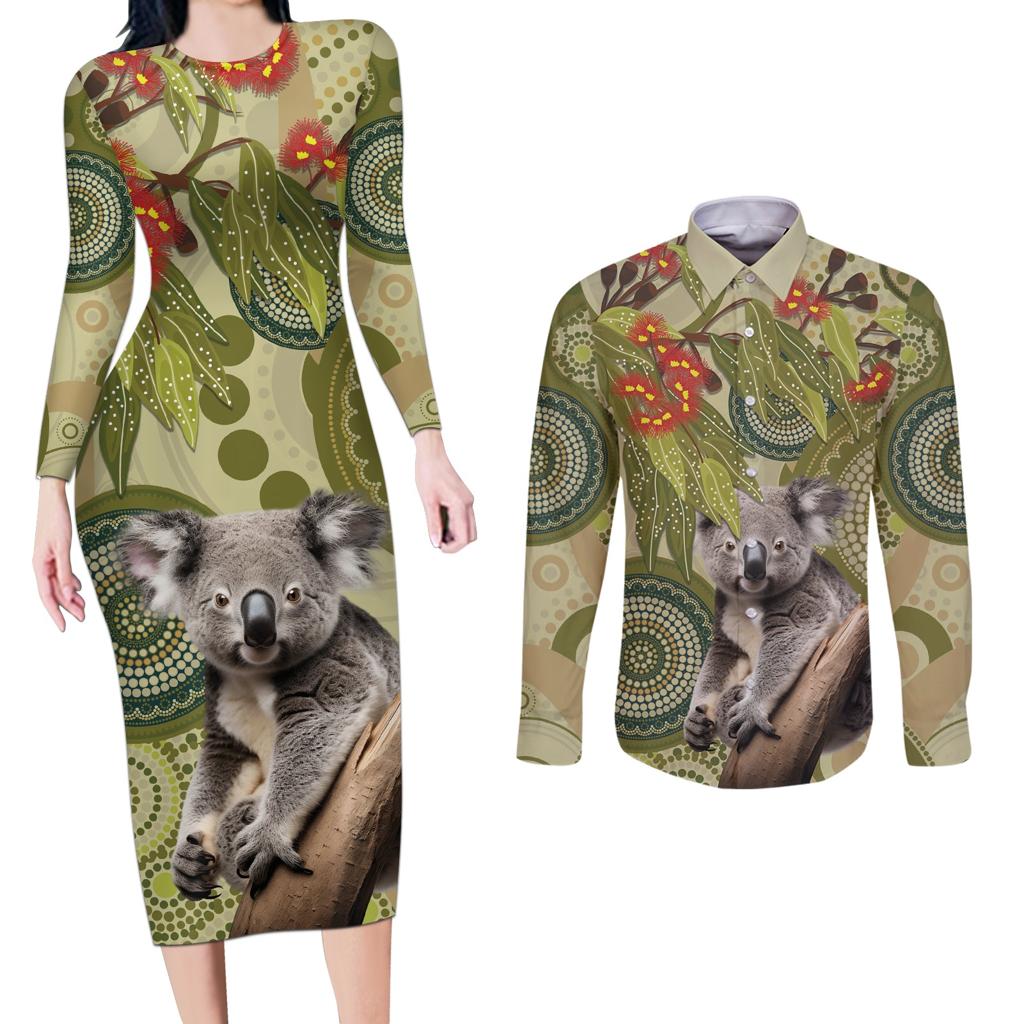 Aboriginal Koala Art Painting With Gum Blossom Couples Matching Long Sleeve Bodycon Dress and Long Sleeve Button Shirt