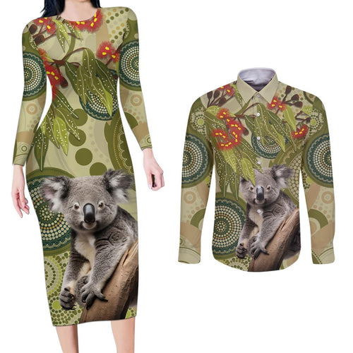 Aboriginal Koala Art Painting With Gum Blossom Couples Matching Long Sleeve Bodycon Dress and Long Sleeve Button Shirt