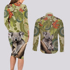 Aboriginal Koala Art Painting With Gum Blossom Couples Matching Long Sleeve Bodycon Dress and Long Sleeve Button Shirt